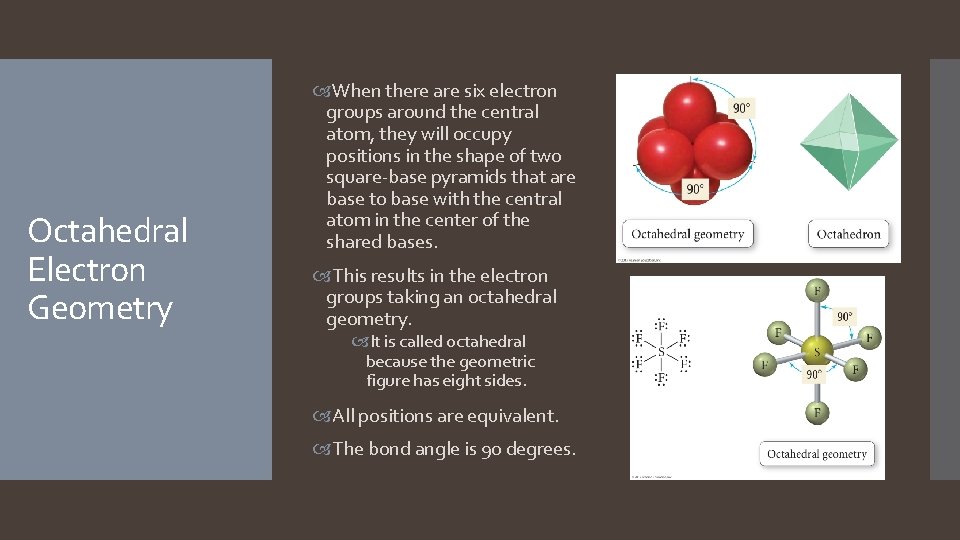 Octahedral Electron Geometry When there are six electron groups around the central atom, they Octahedral Electron Geometry When there are six electron groups around the central atom, they