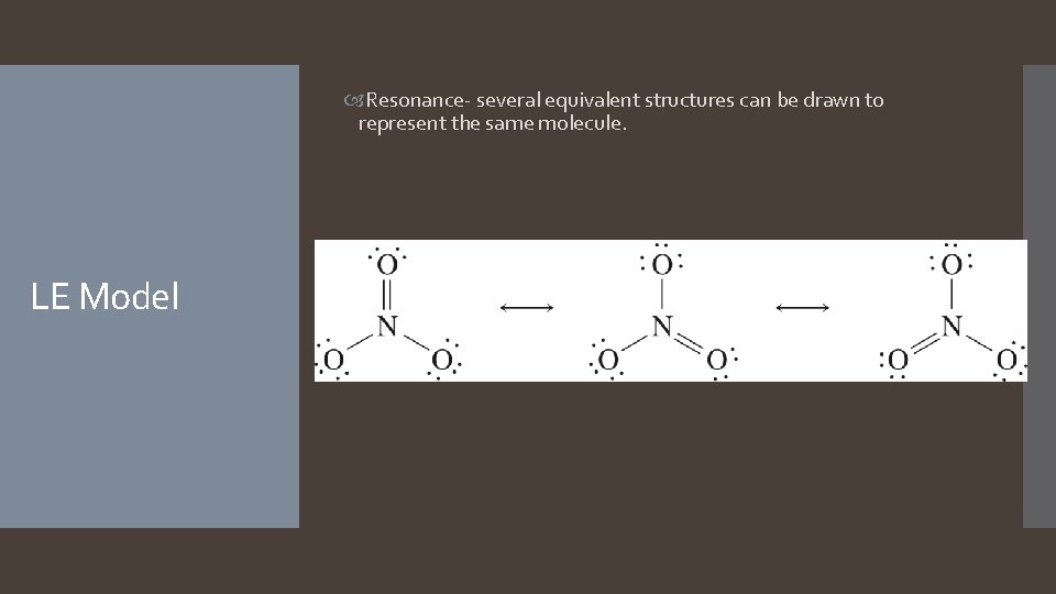 Resonance- several equivalent structures can be drawn to represent the same molecule. LE  Resonance- several equivalent structures can be drawn to represent the same molecule. LE