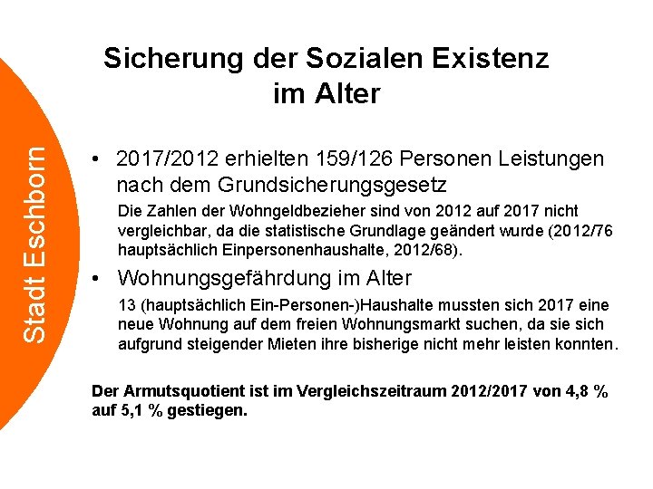 Stadt Eschborn Sicherung der Sozialen Existenz im Alter • 2017/2012 erhielten 159/126 Personen Leistungen