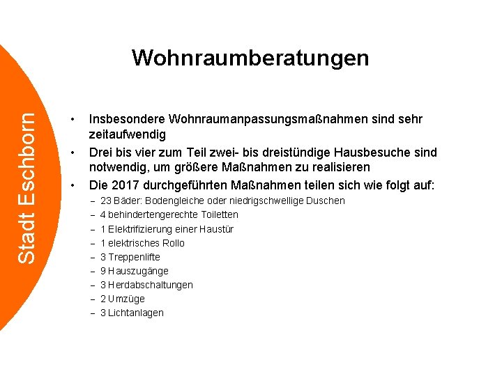 Stadt Eschborn Wohnraumberatungen • • • Insbesondere Wohnraumanpassungsmaßnahmen sind sehr zeitaufwendig Drei bis vier