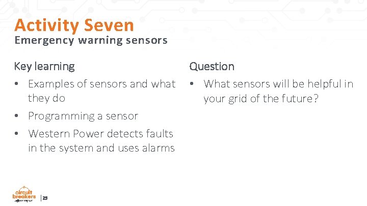 Activity Seven Emergency warning sensors Key learning • Examples of sensors and what they