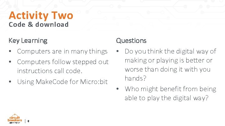Activity Two Code & download Key Learning Questions • Computers are in many things