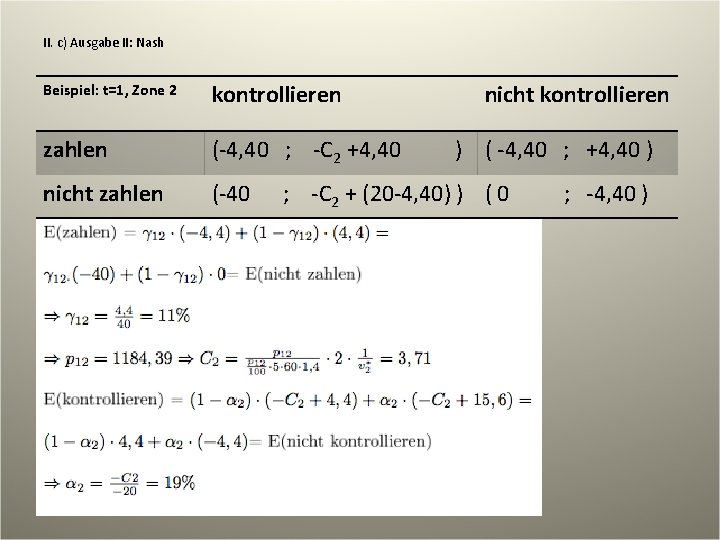 II. c) Ausgabe II: Nash Beispiel: t=1, Zone 2 kontrollieren zahlen (-4, 40 ;