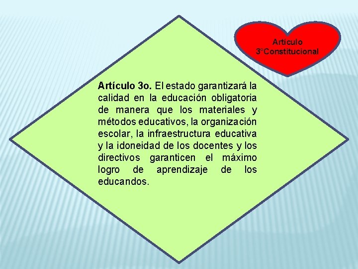 Artículo 3°Constitucional Artículo 3 o. El estado garantizará la calidad en la educación obligatoria