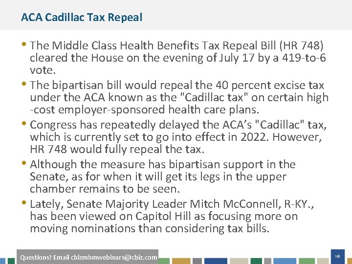 ACA Cadillac Tax Repeal • The Middle Class Health Benefits Tax Repeal Bill (HR