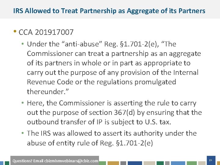 IRS Allowed to Treat Partnership as Aggregate of its Partners • CCA 201917007 •