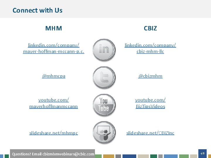 Connect with Us MHM CBIZ linkedin. com/company/ mayer-hoffman-mccann-p. c. linkedin. com/company/ cbiz-mhm-llc @mhmcpa @cbizmhm