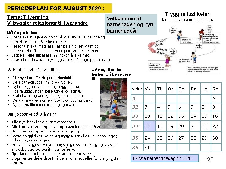 PERIODEPLAN FOR AUGUST 2020 : Tema: Tilvenning Vi byggjer relasjonar til kvarandre Tryggheitssirkelen Velkommen