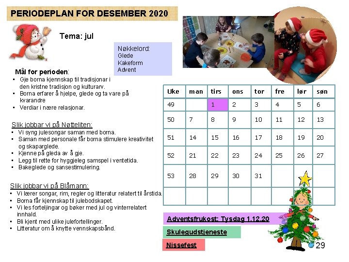 PERIODEPLAN FOR DESEMBER 2020 Tema: jul Nøkkelord: Mål for perioden: Glede Kakeform Advent •