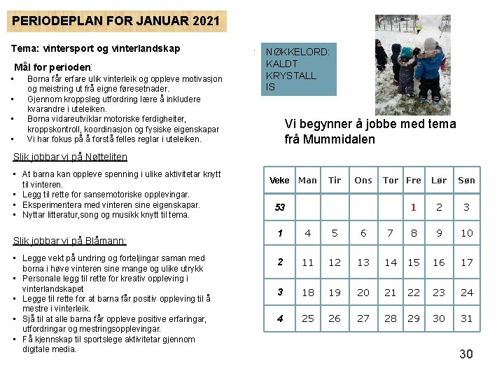 PERIODEPLAN FOR JANUAR 2021 Tema: vintersport og vinterlandskap Mål for perioden: • • Borna