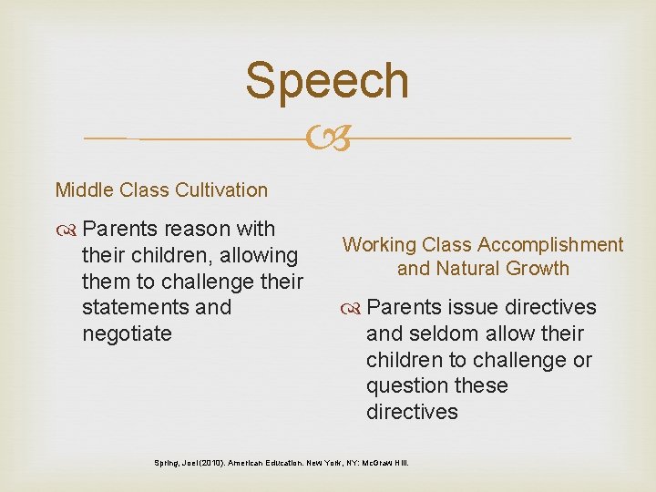 Speech Middle Class Cultivation Parents reason with their children, allowing them to challenge their