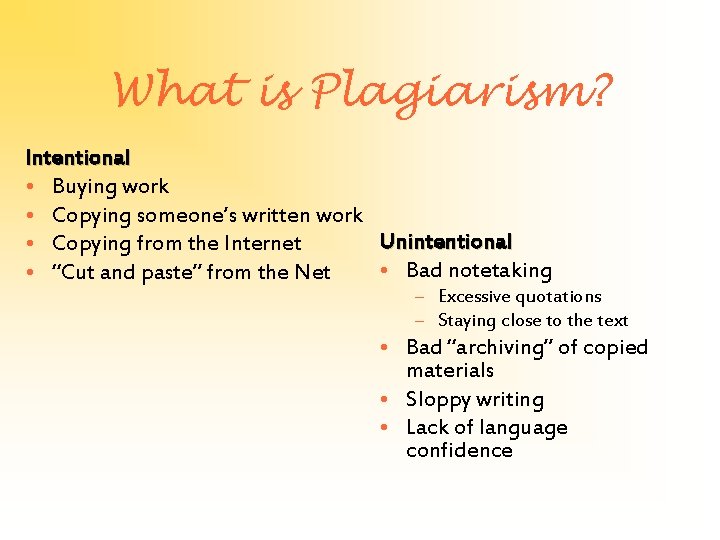 What is Plagiarism? Intentional • Buying work • Copying someone’s written work Unintentional •