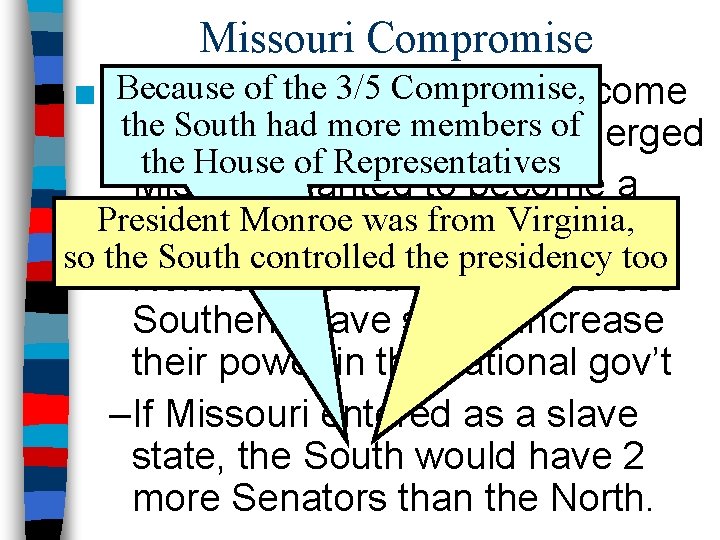 Missouri Compromise Because of the 3/5 applied Compromise, ■ When Missouri to become South