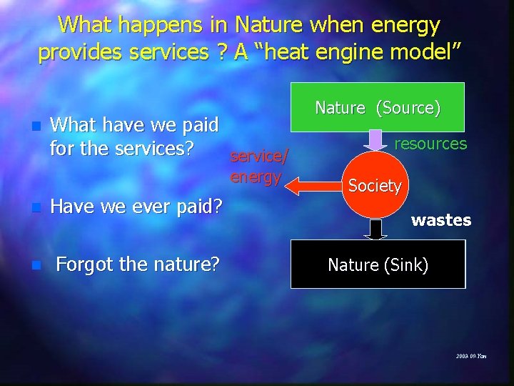 What happens in Nature when energy provides services ? A “heat engine model” n