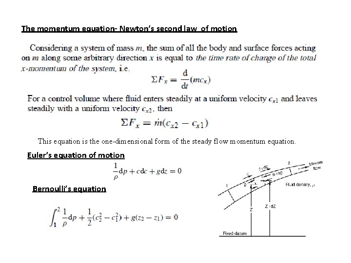 The momentum equation- Newton’s second law of motion This equation is the one-dimensional form