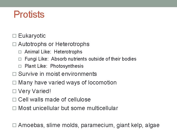 Protists Eukaryotic Autotrophs or Heterotrophs Animal Like: Heterotrophs Fungi Like: Absorb nutrients outside of