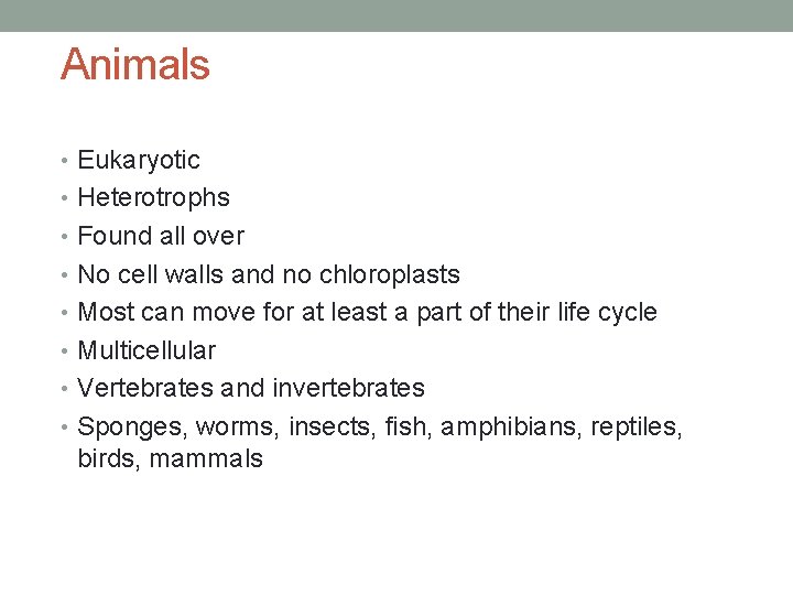 Animals • Eukaryotic • Heterotrophs • Found all over • No cell walls and