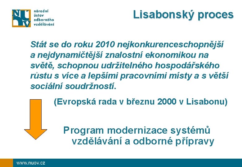 Lisabonský proces Stát se do roku 2010 nejkonkurenceschopnější a nejdynamičtější znalostní ekonomikou na světě,