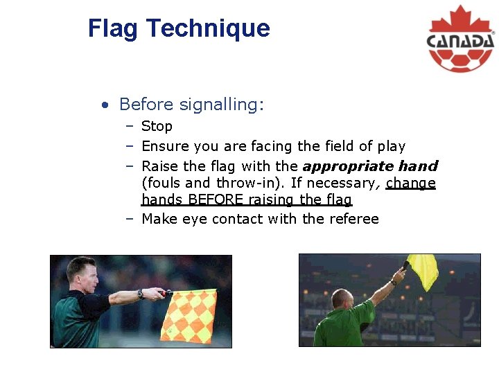 Flag Technique • Before signalling: − Stop − Ensure you are facing the field