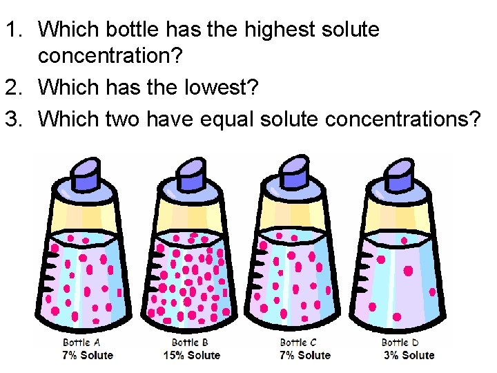 1. Which bottle has the highest solute concentration? 2. Which has the lowest? 3.