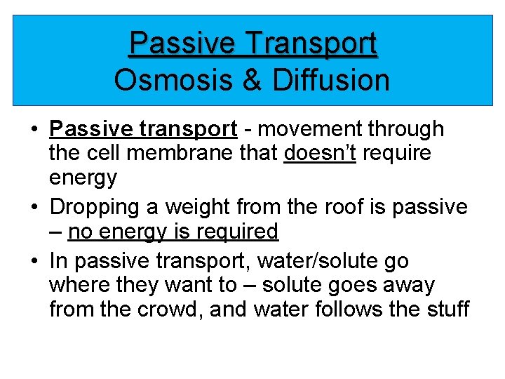 Passive Transport Osmosis & Diffusion • Passive transport - movement through the cell membrane