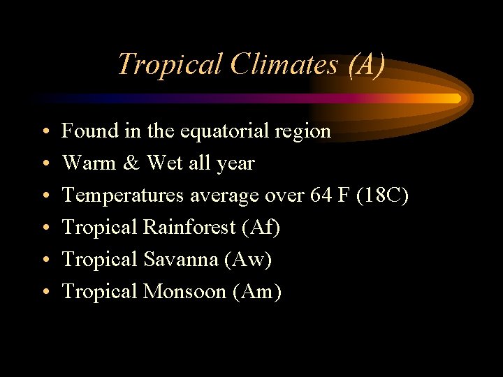 Tropical Climates (A) • • • Found in the equatorial region Warm & Wet