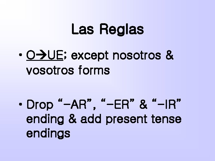 Las Reglas • O UE; except nosotros & vosotros forms • Drop “-AR”, “-ER”