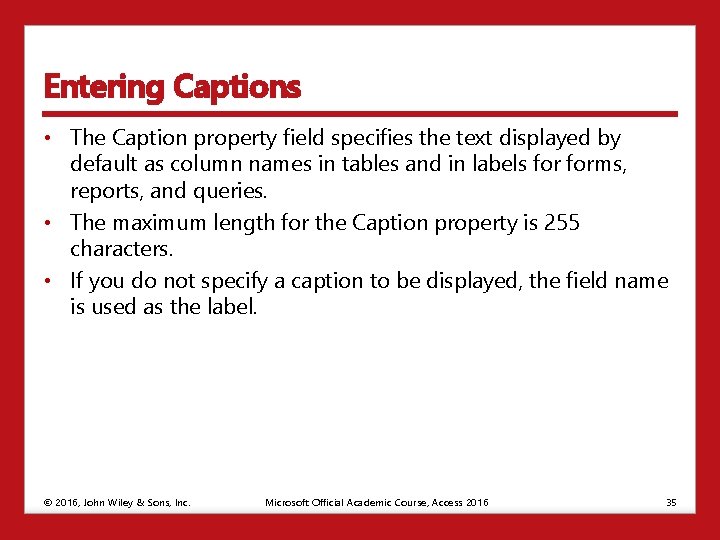 Entering Captions • The Caption property field specifies the text displayed by default as