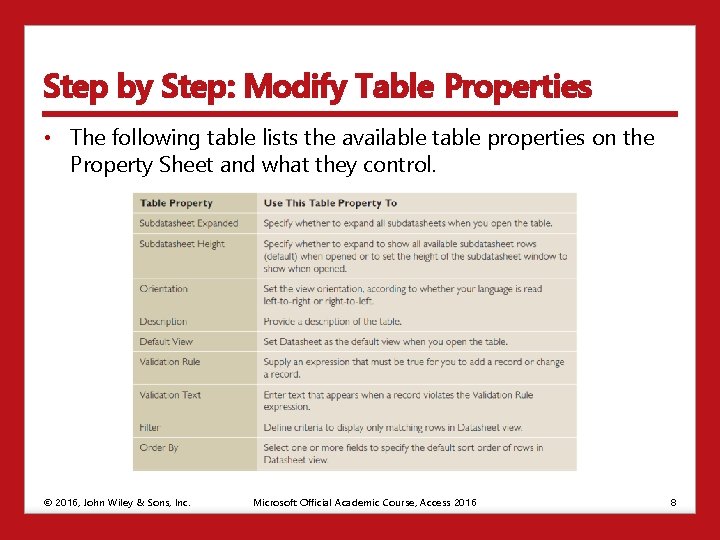 Step by Step: Modify Table Properties • The following table lists the available table