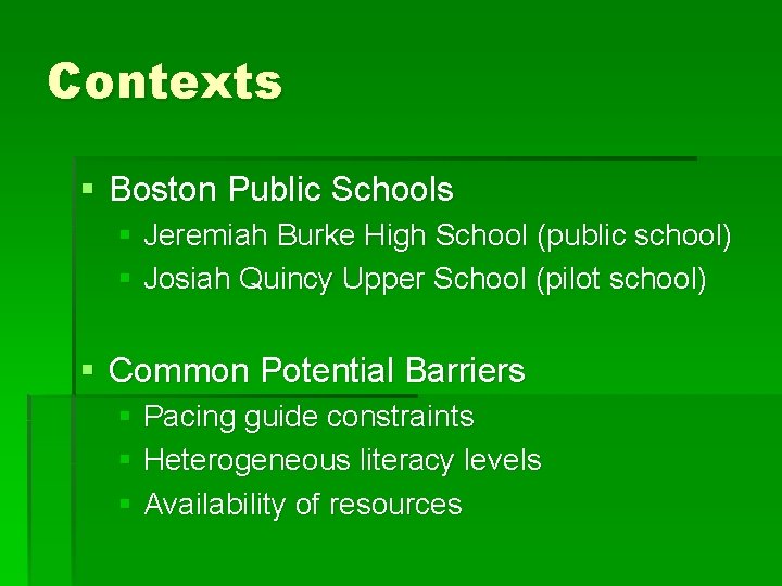 Contexts § Boston Public Schools § Jeremiah Burke High School (public school) § Josiah