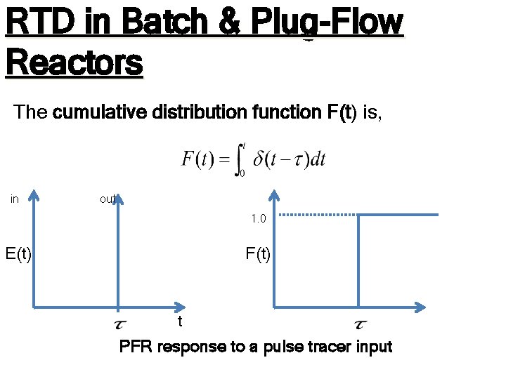 RTD in Batch & Plug-Flow Reactors The cumulative distribution function F(t) is, in out RTD in Batch & Plug-Flow Reactors The cumulative distribution function F(t) is, in out