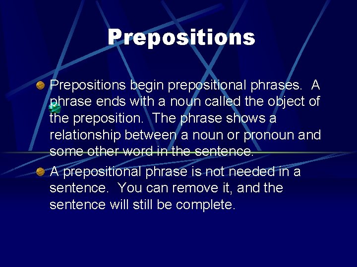 Prepositions begin prepositional phrases. A phrase ends with a noun called the object of