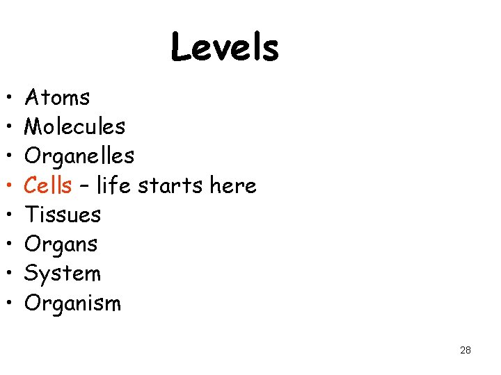 Levels • • Atoms Molecules Organelles Cells – life starts here Tissues Organs System