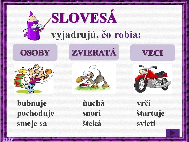 SLOVESÁ vyjadrujú, čo robia: OSOBY ZVIERATÁ VECI bubnuje pochoduje smeje sa ňuchá snorí šteká