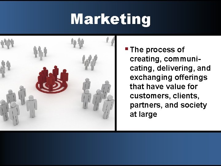 Marketing § The process of creating, communicating, delivering, and exchanging offerings that have value