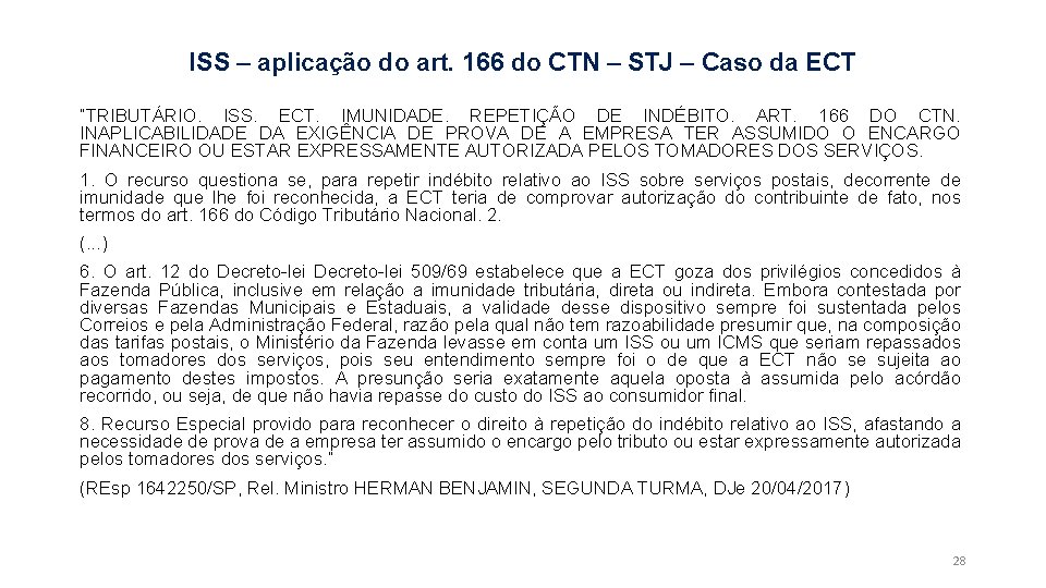 ISS – aplicação do art. 166 do CTN – STJ – Caso da ECT