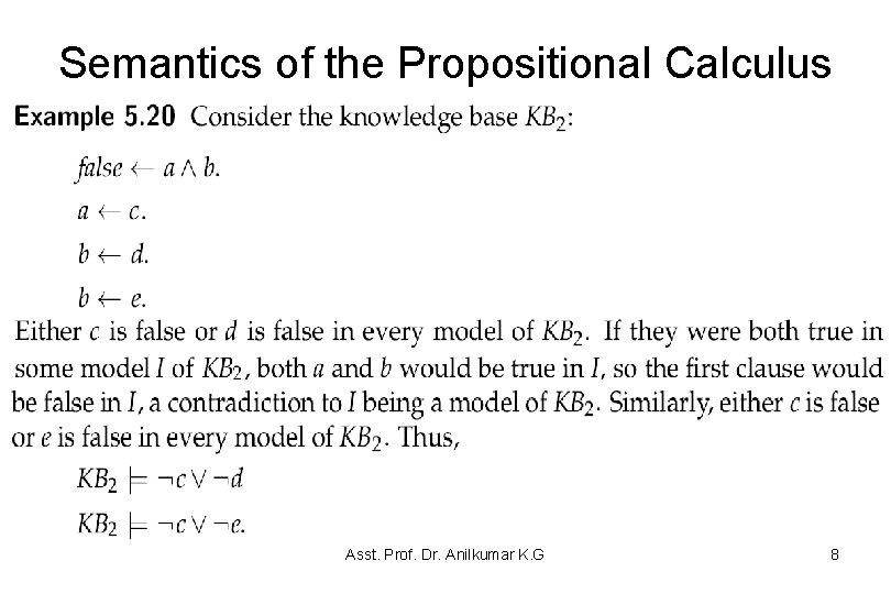 Semantics of the Propositional Calculus Asst. Prof. Dr. Anilkumar K. G 8 Semantics of the Propositional Calculus Asst. Prof. Dr. Anilkumar K. G 8
