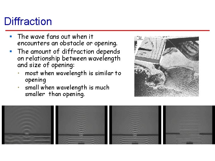 Diffraction § The wave fans out when it encounters an obstacle or opening. §