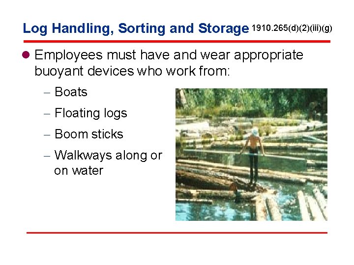 Log Handling, Sorting and Storage 1910. 265(d)(2)(iii)(g) l Employees must have and wear appropriate