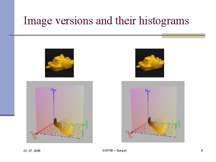 Image versions and their histograms 07. 2005 SSIP'05 – Szeged 8 Image versions and their histograms 07. 2005 SSIP'05 – Szeged 8