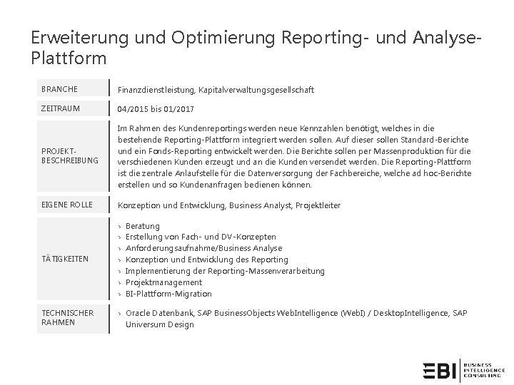 Erweiterung und Optimierung Reporting- und Analyse. Plattform BRANCHE Finanzdienstleistung, Kapitalverwaltungsgesellschaft ZEITRAUM 04/2015 bis 01/2017