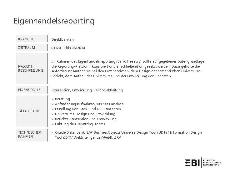 Eigenhandelsreporting BRANCHE Direktbanken ZEITRAUM 01/2011 bis 06/2014 PROJEKTBESCHREIBUNG Im Rahmen des Eigenhandelsreporting (Bank Treasury)