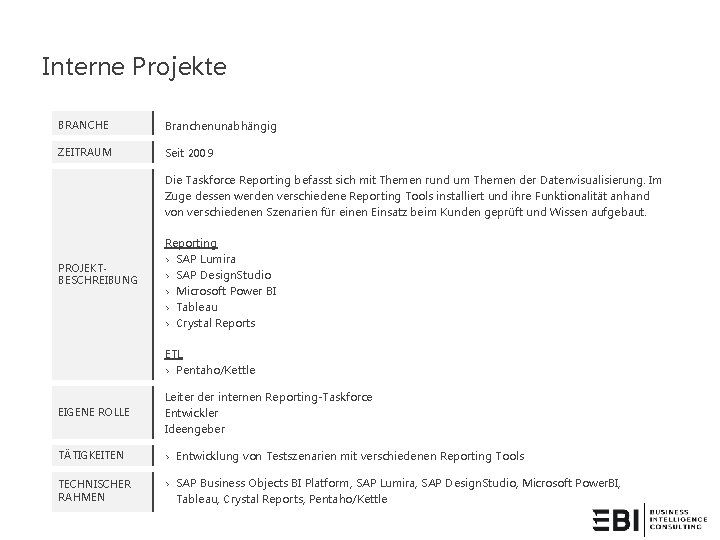Interne Projekte BRANCHE Branchenunabhängig ZEITRAUM Seit 2009 Die Taskforce Reporting befasst sich mit Themen