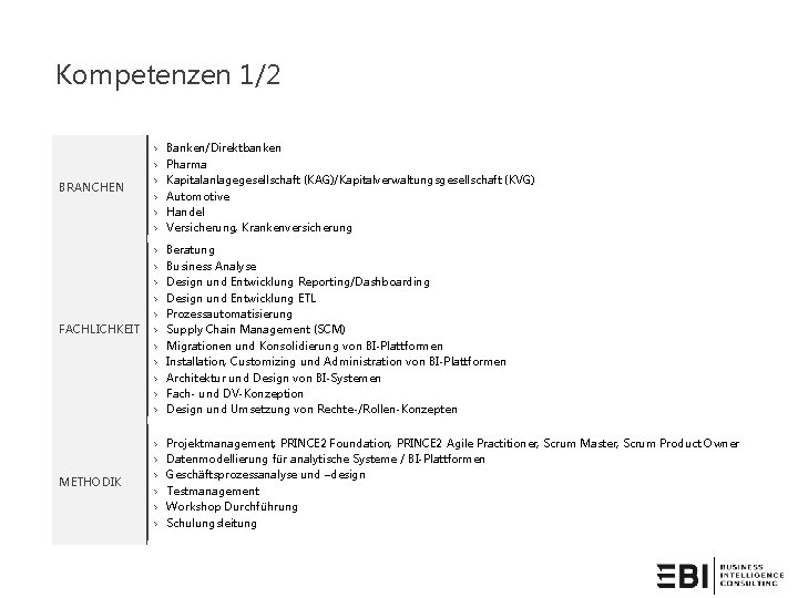 Kompetenzen 1/2 BRANCHEN › › › Banken/Direktbanken Pharma Kapitalanlagegesellschaft (KAG)/Kapitalverwaltungsgesellschaft (KVG) Automotive Handel Versicherung,