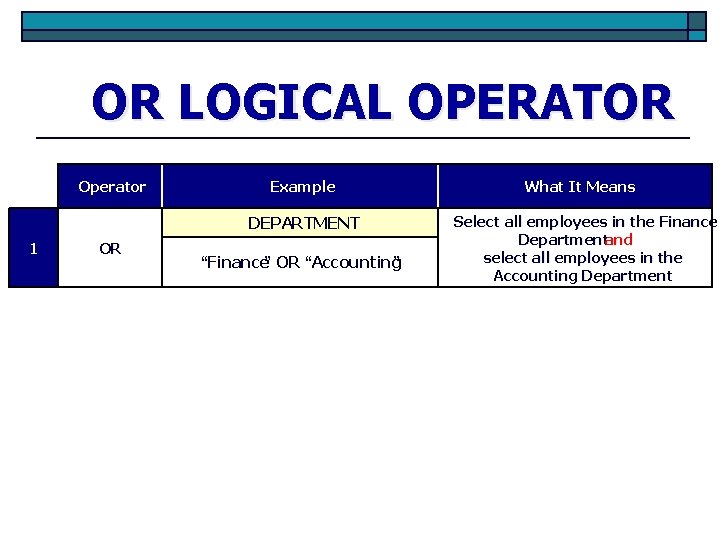 OR LOGICAL OPERATOR Operator Example DEPARTMENT 1 OR “Finance” OR “Accounting ” What It OR LOGICAL OPERATOR Operator Example DEPARTMENT 1 OR “Finance” OR “Accounting ” What It