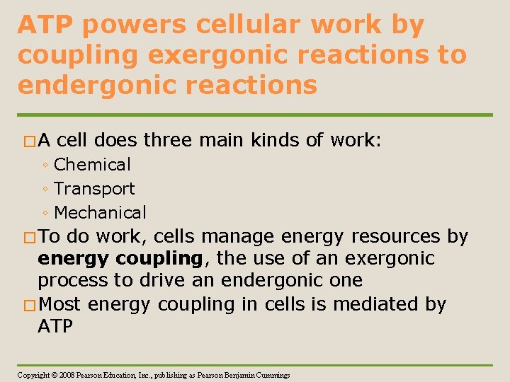 ATP powers cellular work by coupling exergonic reactions to endergonic reactions �A cell does