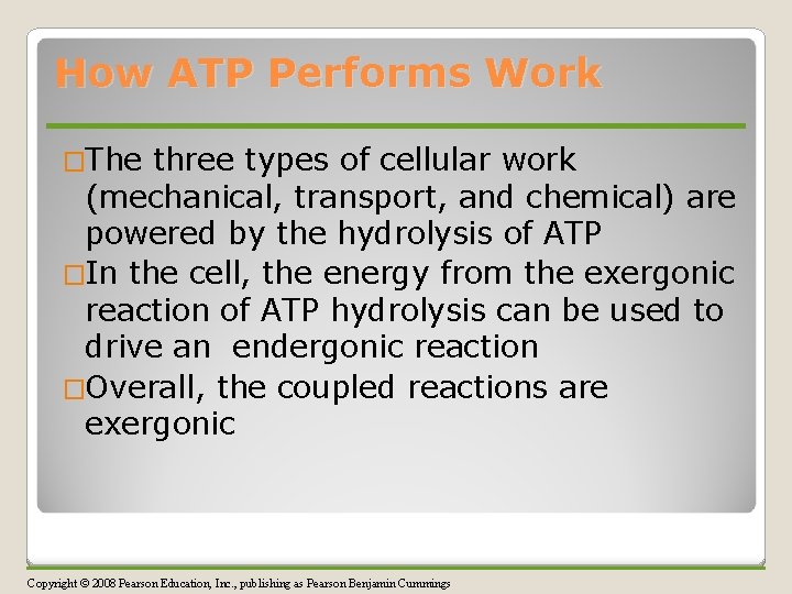 How ATP Performs Work �The three types of cellular work (mechanical, transport, and chemical)