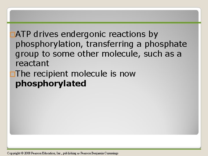 �ATP drives endergonic reactions by phosphorylation, transferring a phosphate group to some other molecule,