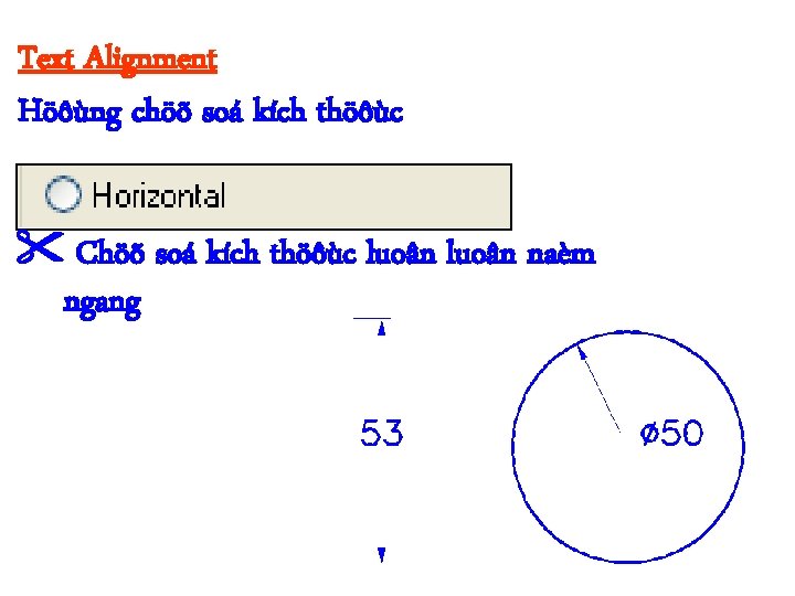 Text Alignment Höôùng chöõ soá kích thöôùc Chöõ soá kích thöôùc luoân naèm ngang