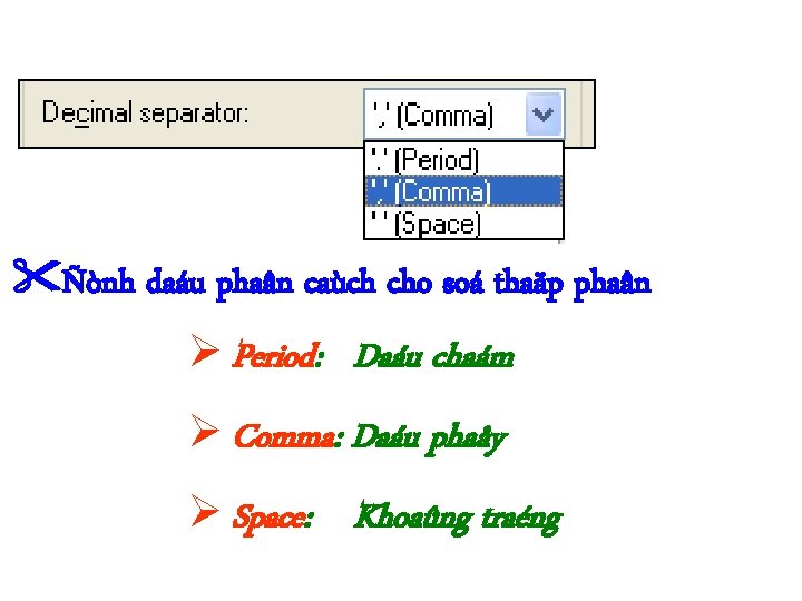  Ñònh daáu phaân caùch cho soá thaäp phaân Period: Daáu chaám Comma: Daáu